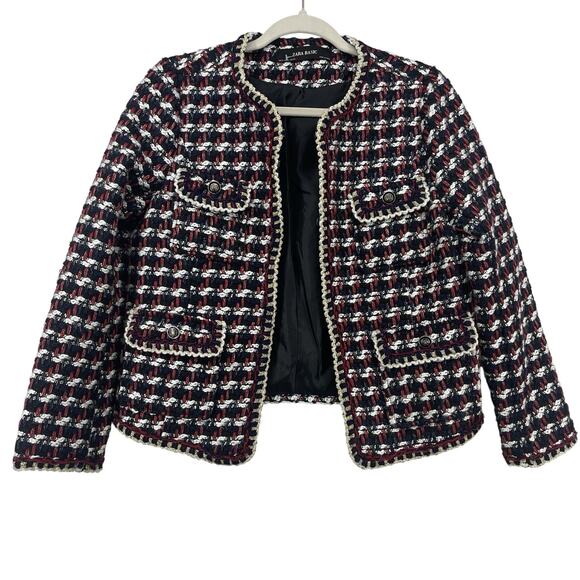 Zara Size M Tweed Jacket Open Front Preppy Red Navy Blue Textured Boucle Blazer - Picture 1 of 9